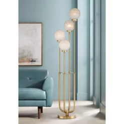 Possini Euro Design Mid Century Modern Glam Style Floor Lamp 4-Light LED 68.5" Tall Warm Gold Glass Globe Shade For Living Room House Uplight