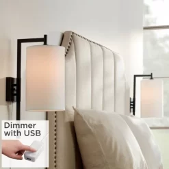 Possini Euro Design Modern Wall Lamps Set Of 2 With USB Port Black Plug-In 8" Light Fixture White Fabric Shade For Bedroom Bedside House