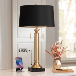 Possini Euro Design Wynne Traditional Table Lamp 30" Tall Warm Gold With USB Charging Port Black Drum Shade For Bedroom Living Room Bedside Nightstand